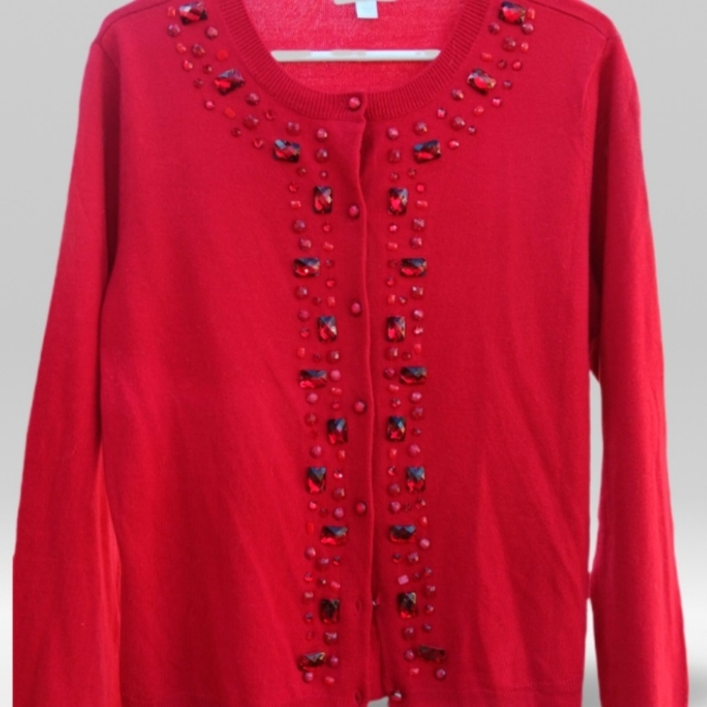 Red Cardigan Sweater Jeweled Down Front Size XL